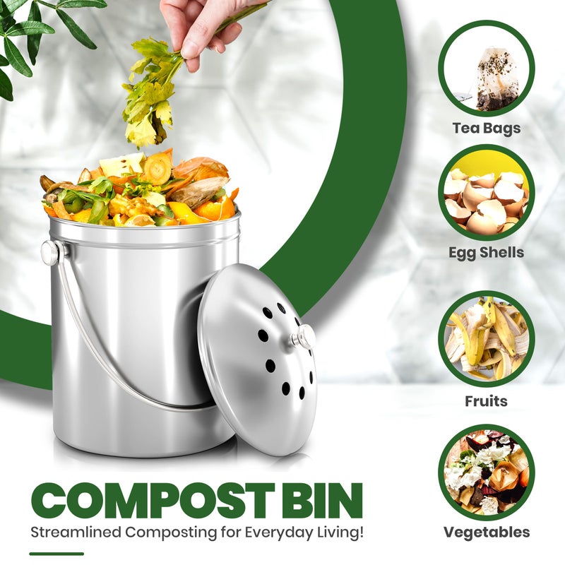 Utopia Kitchen Indoor Compost Bin Kitchen, Odorless Composting with Charcoal Filter, 1.3 Gallon Stainless Steel Large Composter for Countertop & Under Sink, Easy Cleaning, One Extra Filter - (Silver) - Image 3